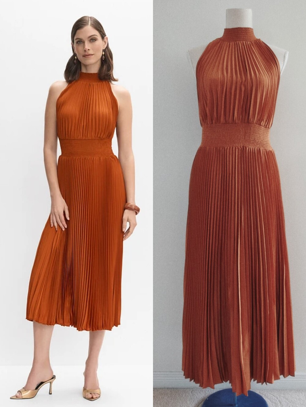 Melanie Lyne Plissé Satin Halter Neck Pleated Midi Dress